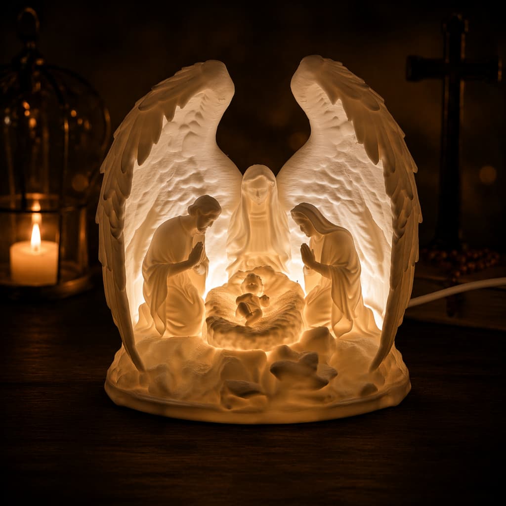Presépio Luminária Natal 3D com Asas de Anjo | Sagrada Família | Compatível LED e Vela LED | Decoração Religiosa