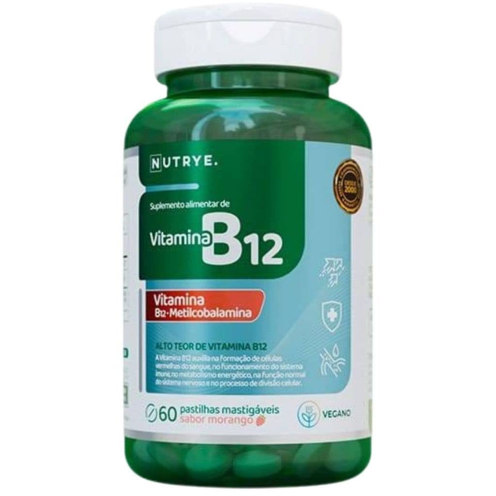 Suplemento Alimentar de Vitamina B12 - 60 Pastilhas Mastigáveis Sabor Morango