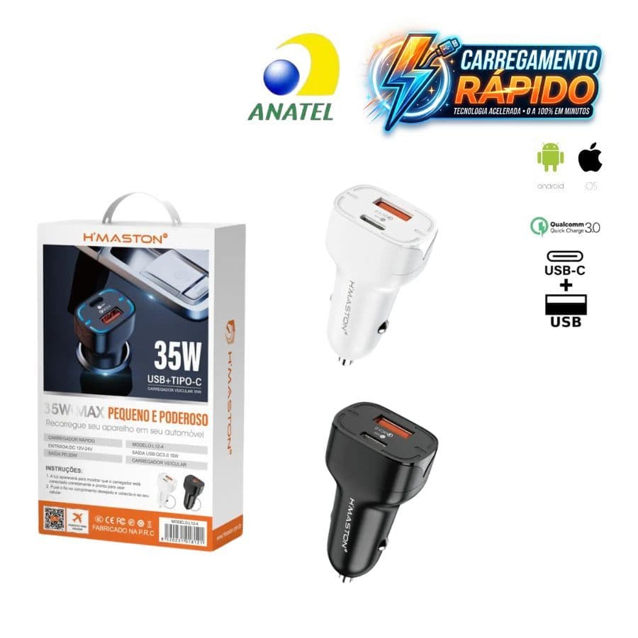 Carregador Veicular turbo 35W TIPO C + USB Turbo Carregamento rápido/Universal Original H'maston L12-4