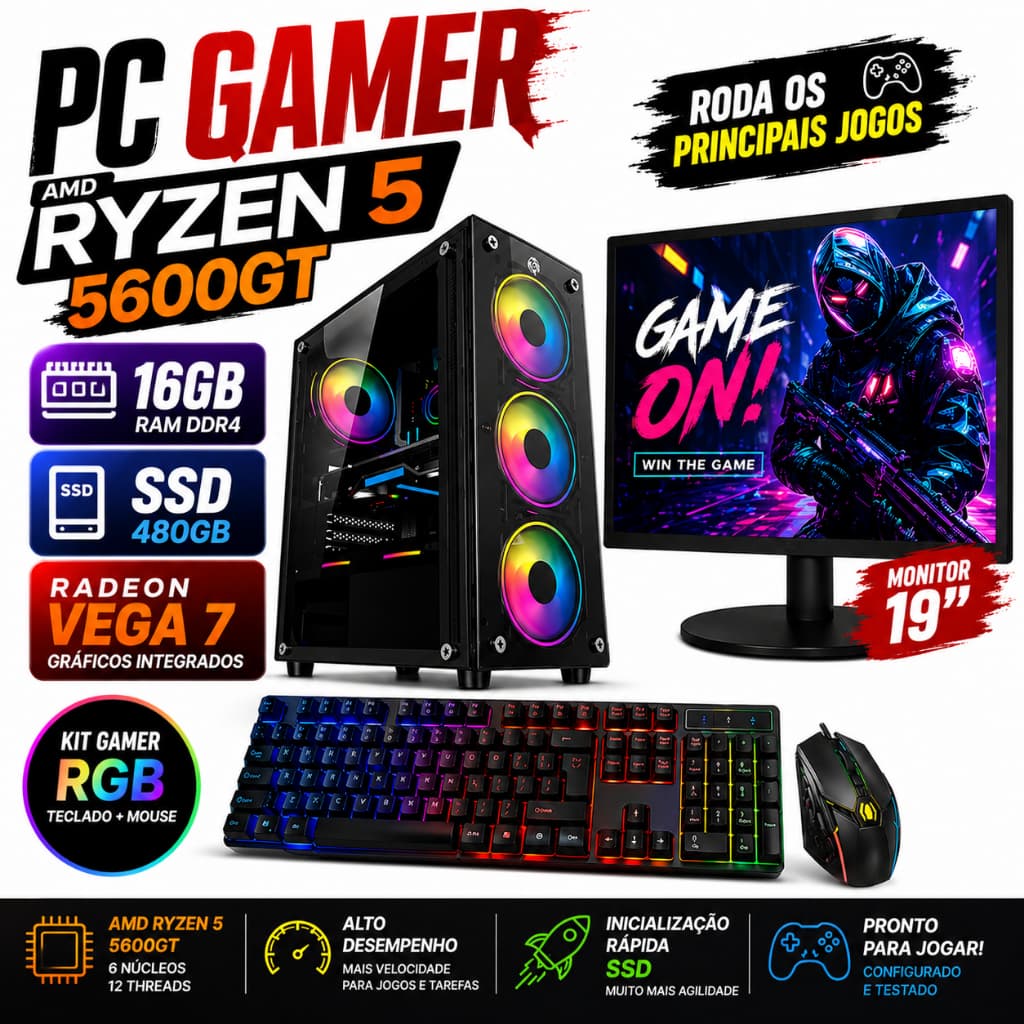 PC GAMER AMD RYZEN 5 5600GT - 16GB DDR4 - SSD 480GB - RADEON VEGA 7 - MONITOR 19'' - KIT GAMER RGB