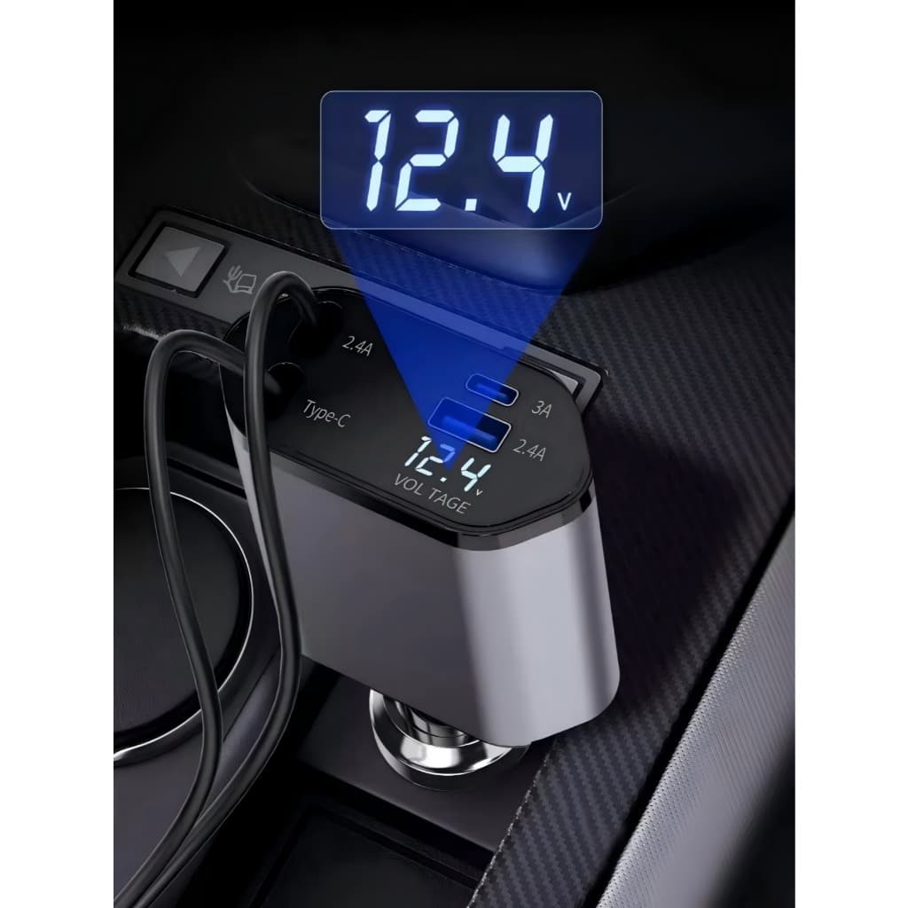 Carregador Veicular Turbo Retrátil 4 em 1 120W USB + Type-C + Lightning