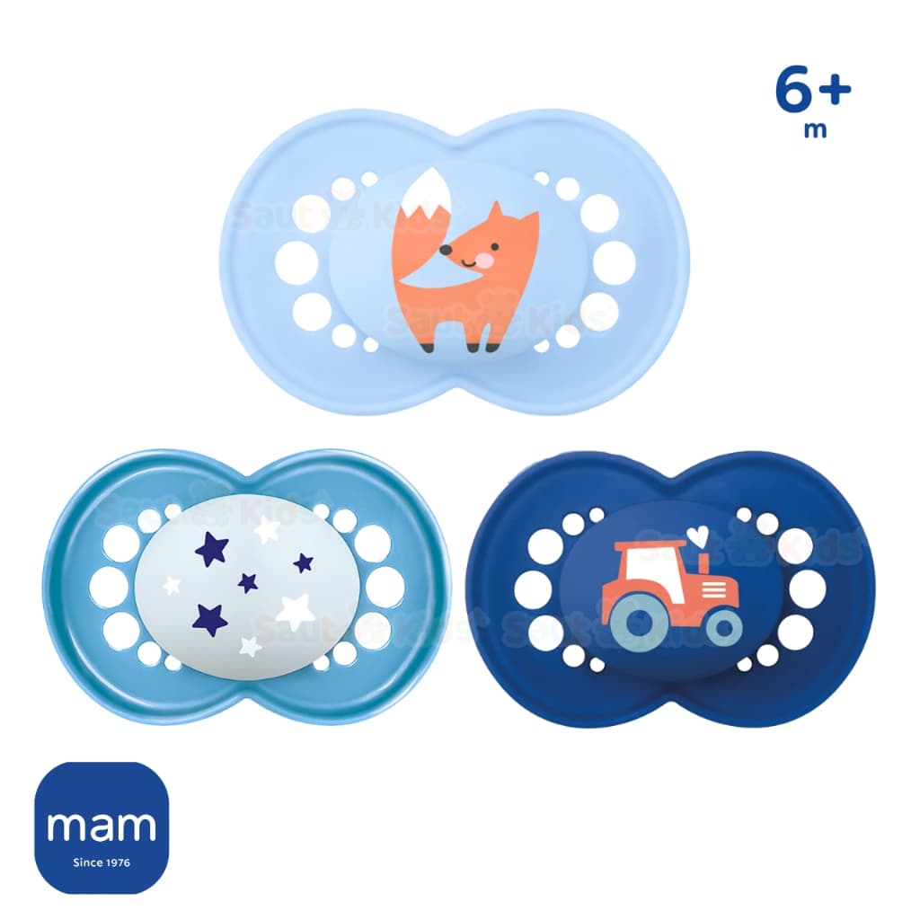 Chupeta MAM 6+ meses Tripla 1 Brilha Escuro c/3uni Blister Azul Menino Bico Silicone Personalizada