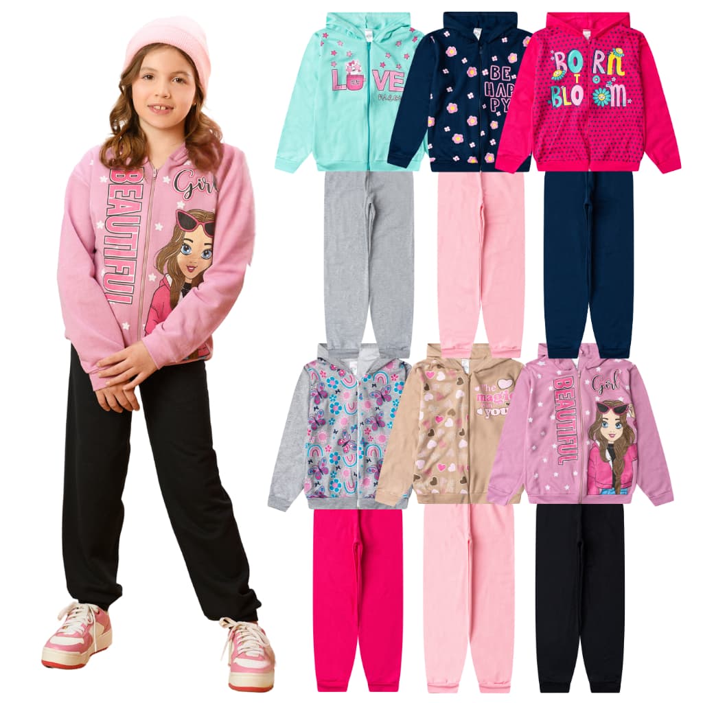 Kit 6 Peças Moletom Infantil Menina Inverno Conjunto 1 ao 14 feminino manga longa com Zíper e Capuz