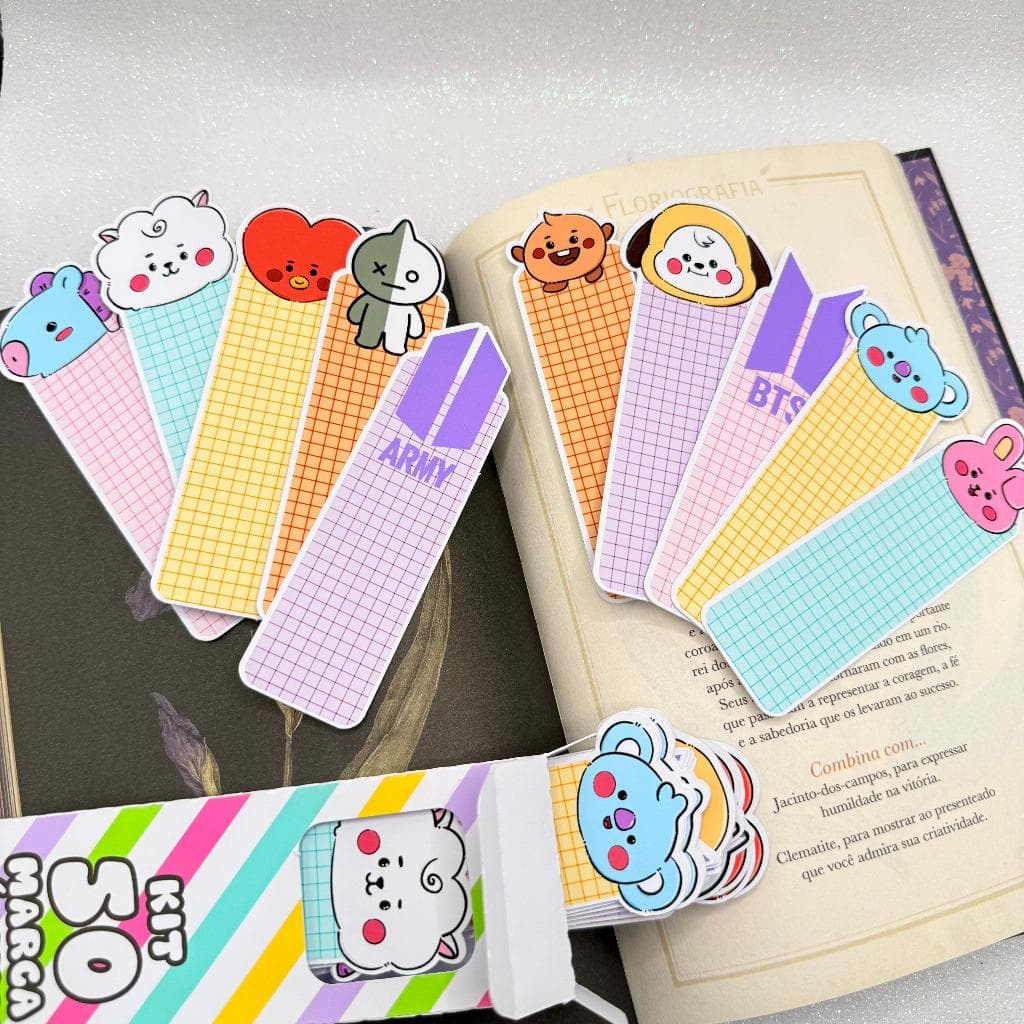 Kit 50 Marca Páginas B T S Inspiração BT 21 Army Kawaii10 Modelos Diferentes