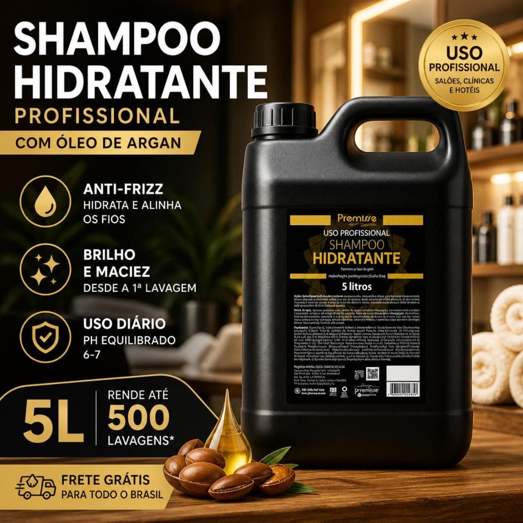 Shampoo Profissional 5L Argan Hidratante Anti Frizz Uso Diário Alto Rendimento 500 Lavagens Salão Premisse