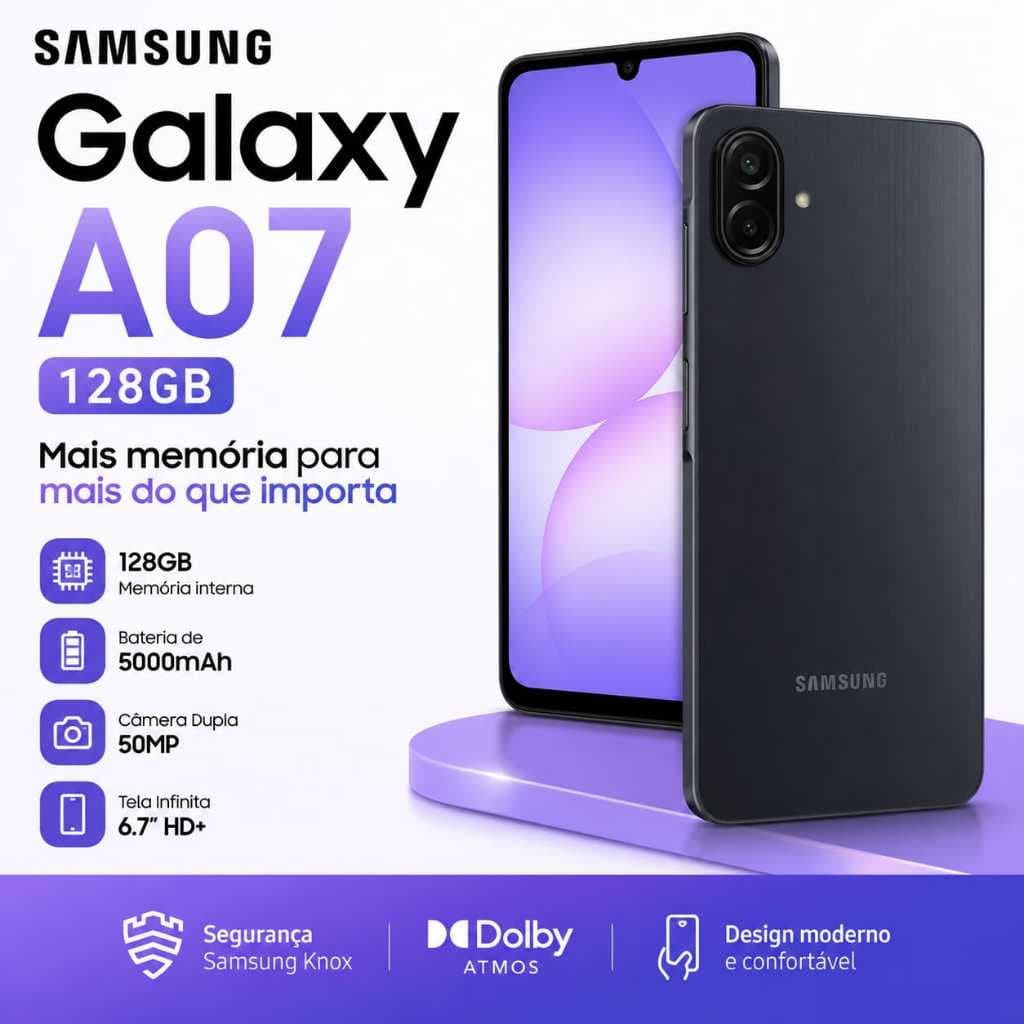Celular Galaxy A07 Tela 6.7 128GB 4G 90Hz Câmera Dupla 50MP Samsung
