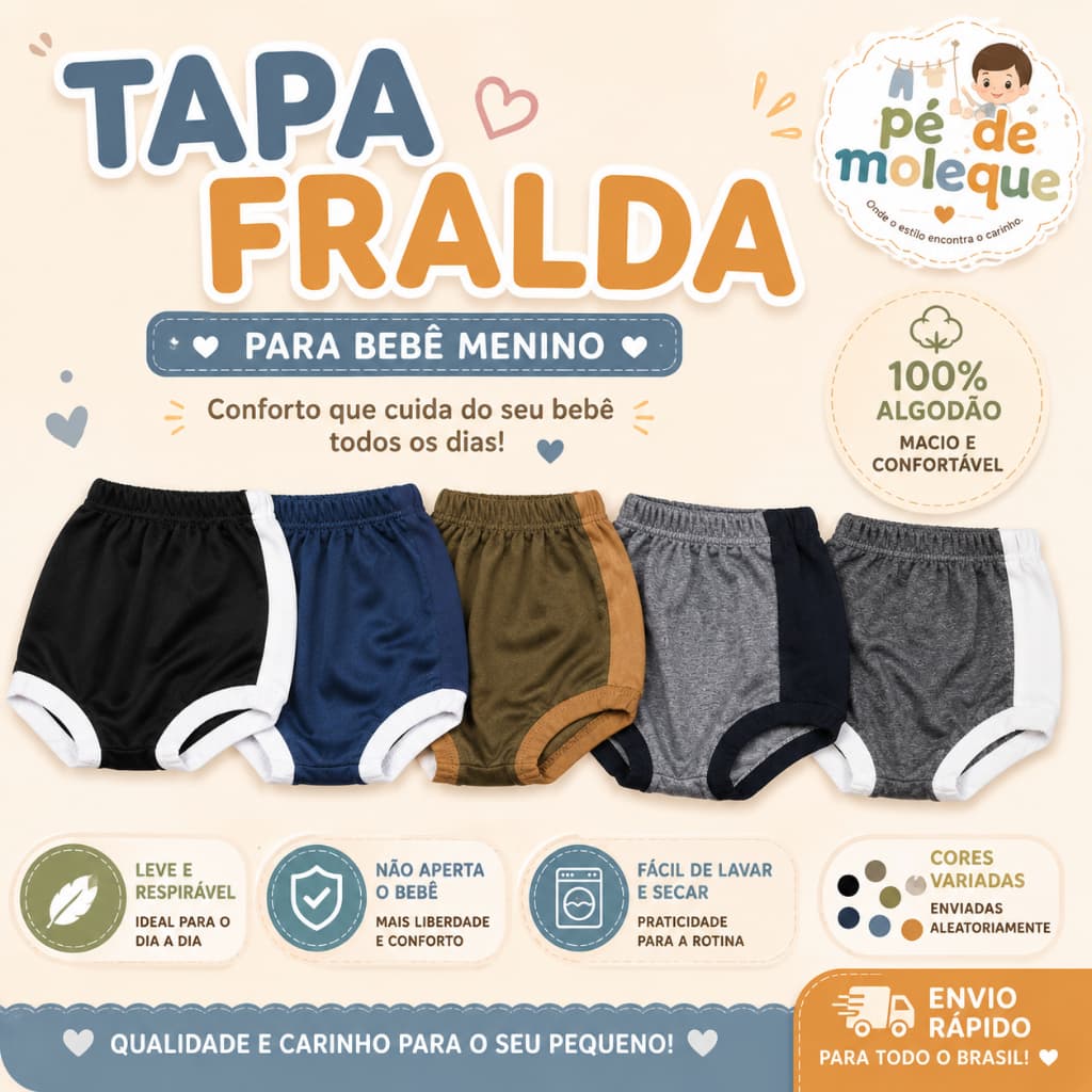 Kit 2 Tapa Fralda Bebê Menino Shortinho Cobre Fralda Algodão Confortável Infantil