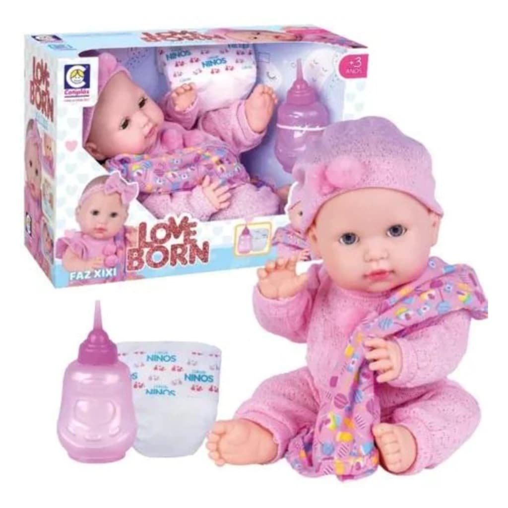 Boneca Bebe Reborn Love Born abre e fecha os olhinhos faz Xixi com Naninha e Mamadeira