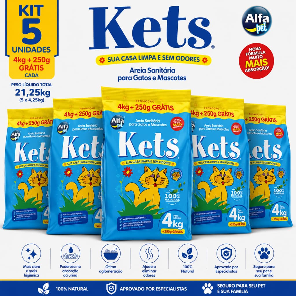 Areia para Gato 8 a 20kg Kets Higiênica Sanitária Elimina Odores
