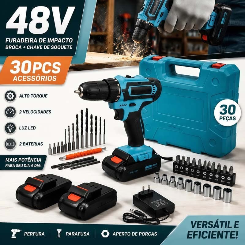 Furadeira e Parafusadeira Profissional 48V 28 PCS 2 Baterias Lítio Maleta Acessórios Uso Doméstico e Industrial