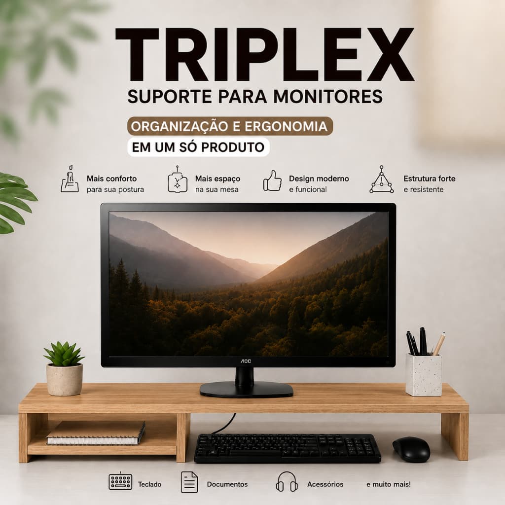 Suporte Para Monitor Triplex 100cm Organizador Mesa Home Office Gamer Cor Mel Ergonômico