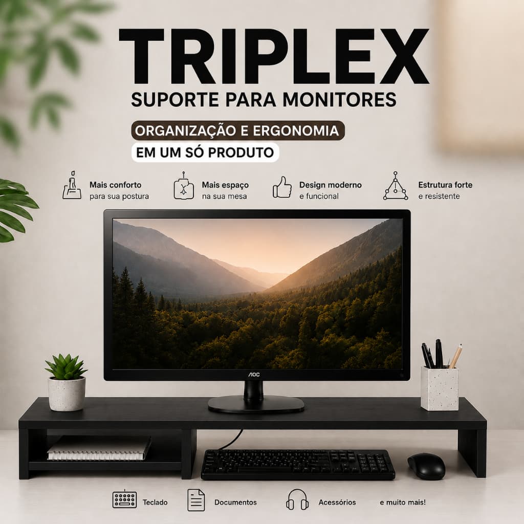 Suporte Para Monitor Triplex Preto 100cm Organizador Mesa Home Office Gamer Ergonômico