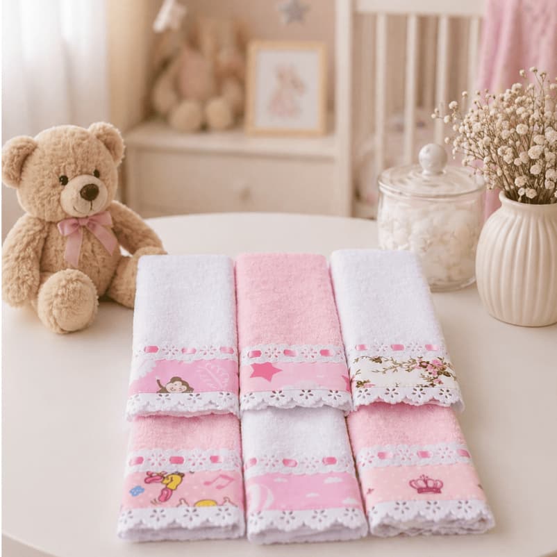Kit 6 Toalhas de Boca e Ombro com Laise e Passa Fitas - Estampas Variadas para Enxoval Bebê
