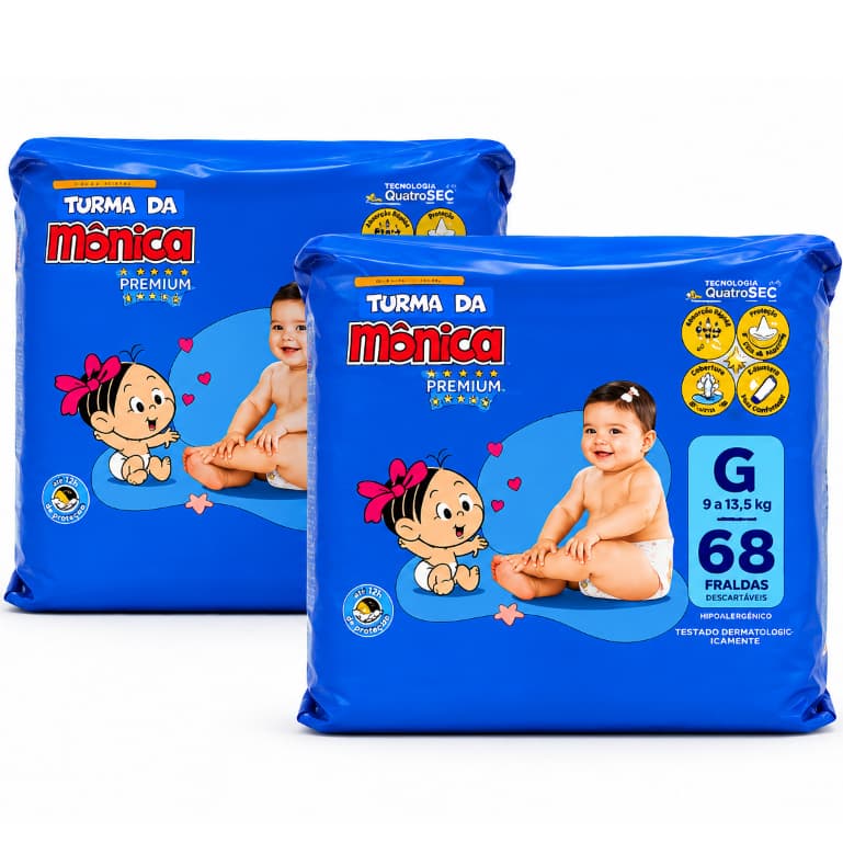 Fraldas Descartáveis Turma da Mônica Baby G ( 7 a 11 Kg ) Kit 2  Pacotes com 68 Fraldas Cada