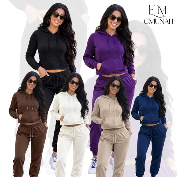 Conjunto Moletom Feminino SLIM Blusa Capuz e Bolsos Forrado com Calça Jogger Casaco Manga Longa Inverno