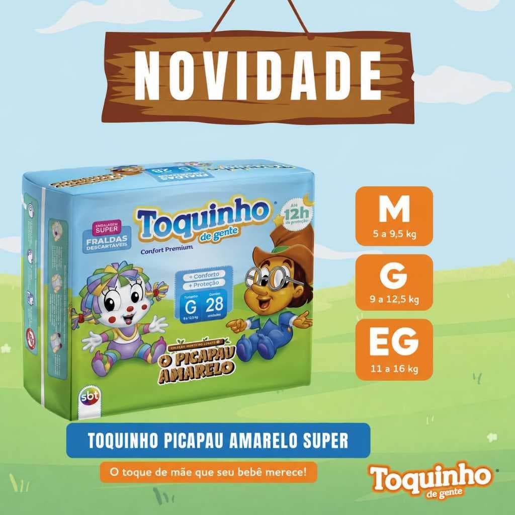 Fraldas Descartáveis Toquinho de Gente Confort Premium – O Picapau Amarelo (Tamanhos M, G, EG)