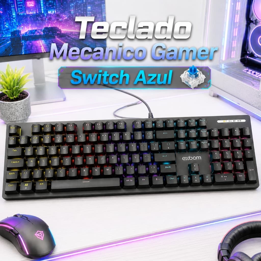 Teclado Gamer Mecânico RGB Switch Blue LED Multicolor Anti Ghosting 17 Funções PC Gamer