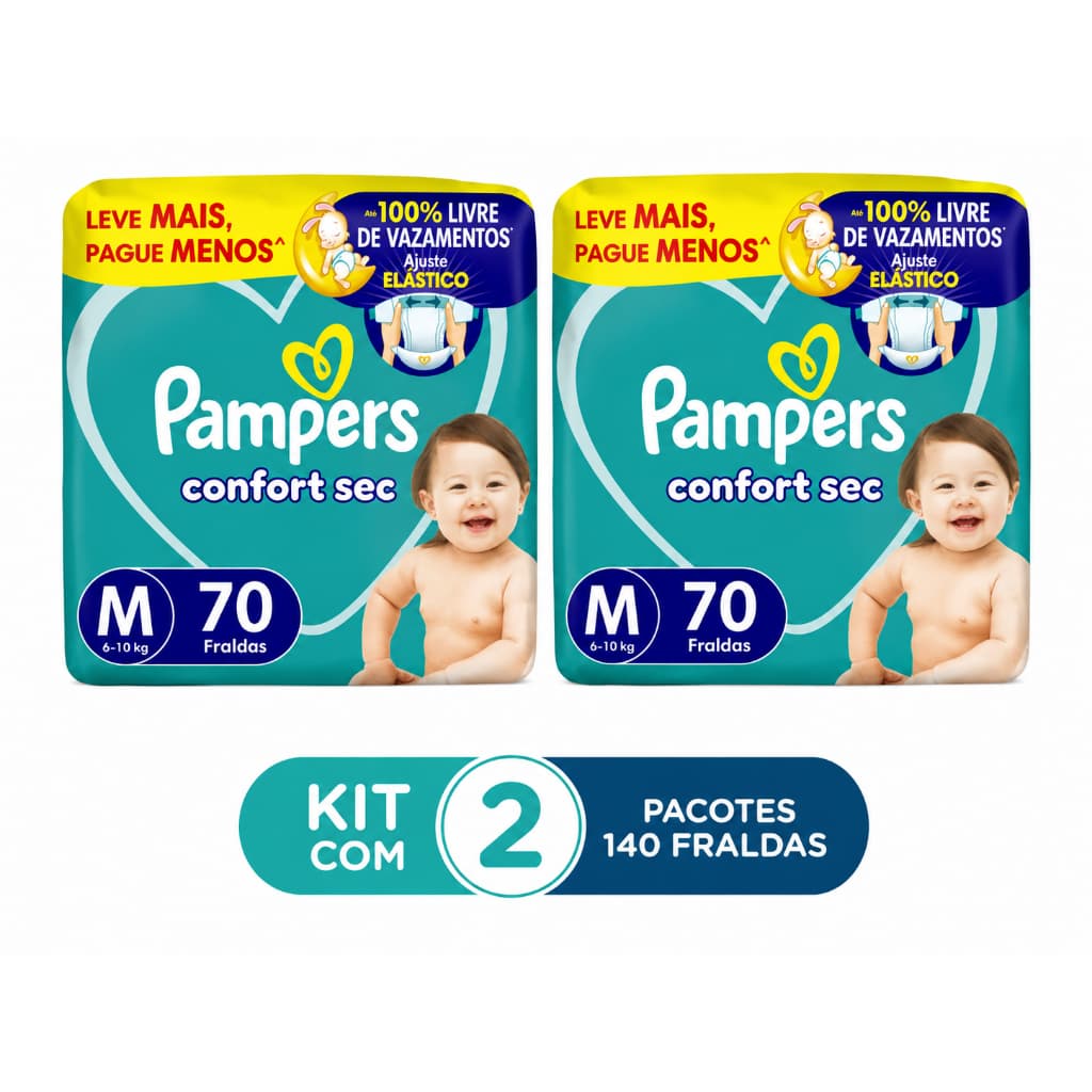 Kit 2 pacotes Fralda Pampers Confort Sec M 6-10kg 70un - Total 140unidades