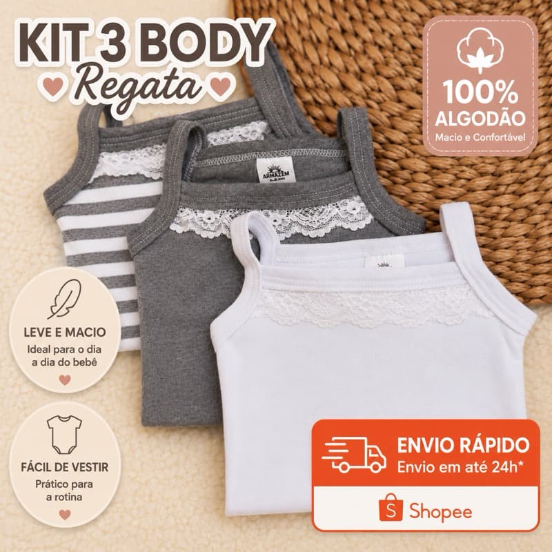 Kit com 3 Peças Regatas Alcinha Bebê Menina Renda 100% Algodão Macio Fresquinho Enxoval
