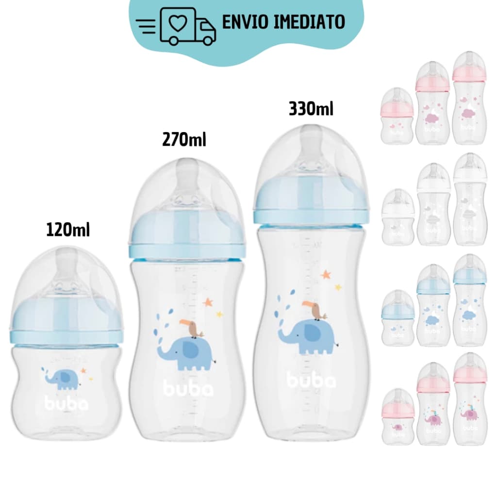 Kit 3 Mamadeiras 120ml/270ml/330ml Anticólica Easy Flow Bebê Elefante/Nuvem Azul/Rosa/Branco Buba