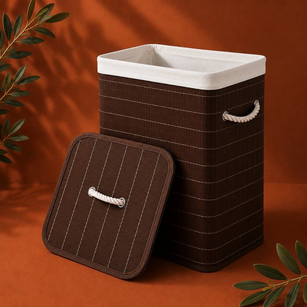Cesto, balde, recipiente de bambu para roupas, Organizador 70L com Tampa e Alças para lavandeira, quarto ou banheiro