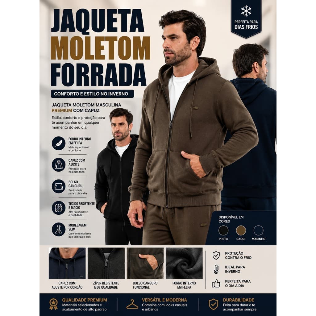 Jaqueta Blusa de Moletom Masculina Premium Jaqueta Moletom Quentinho com Bolso, Zíper e Capuz