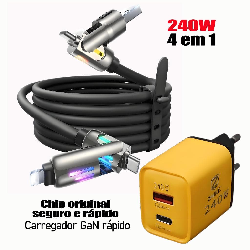 Carregador 240W Carregamento Rápido + Cabo USB-C 4 em 1 Silicone | 3 Opções: Apenas Cabo/Apenas Fonte/Combo | Cabo 1m/2m