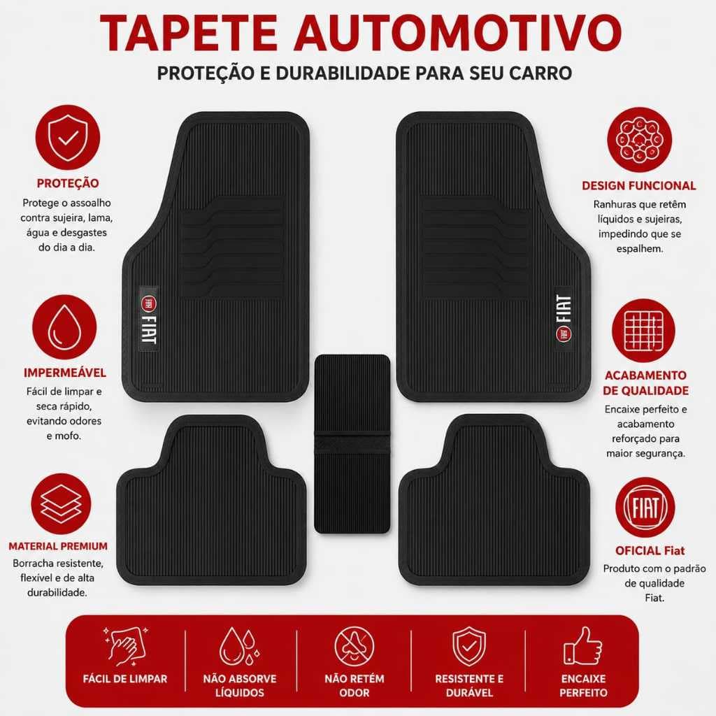 Tapete Para Carro Automotivo Bordado 5 Peças De Borracha Reforçada Antiderrapante Resistente Lavável