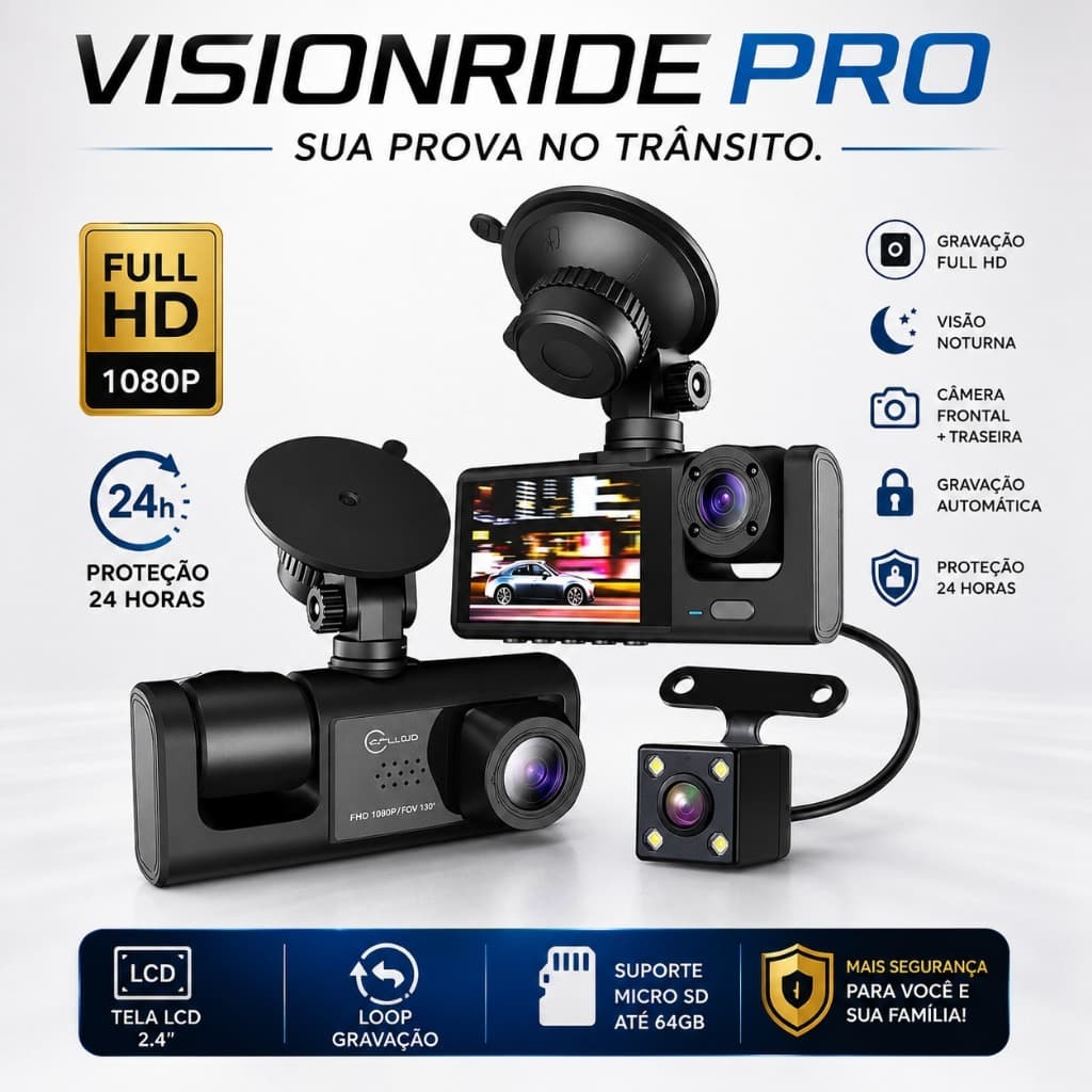 Câmera Veicular Tripla Full HD (Camera Automotiva Carro Uber App) (Frontal/Interna/Traseira)