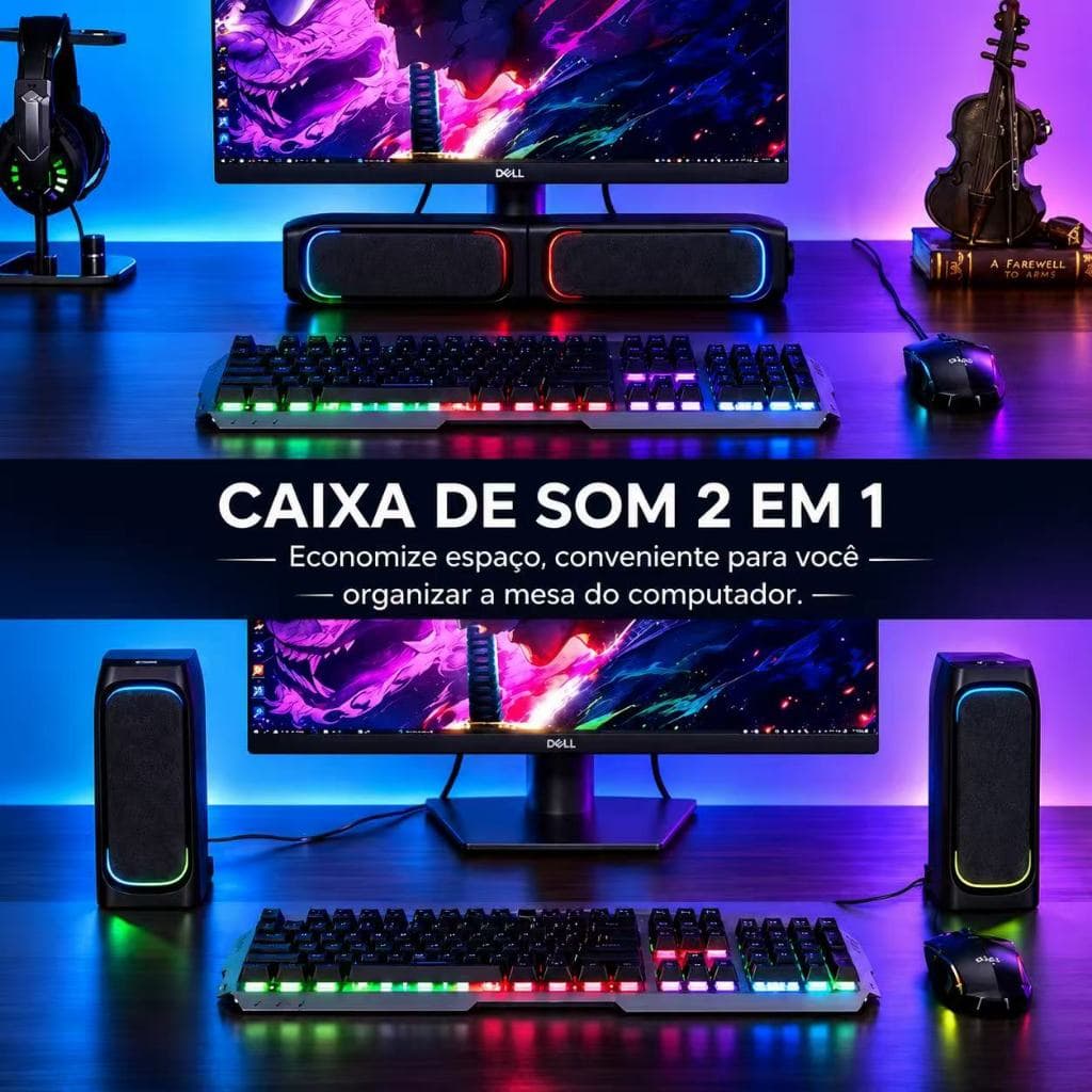 Caixa de Som Gamer RGB 2 em 1 ACS-4510 USB AUX 10W Som Estéreo com Luz LED PARA PC Notebook TV
