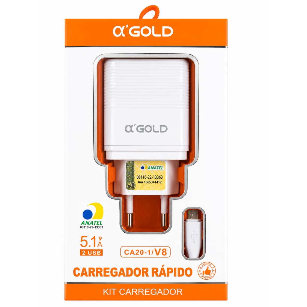Carregador Rápido 5.1A CA20-1 α’Gold 2 USB + Cabo V8 Micro USB Turbo Android Fonte Carregador Celular CA20