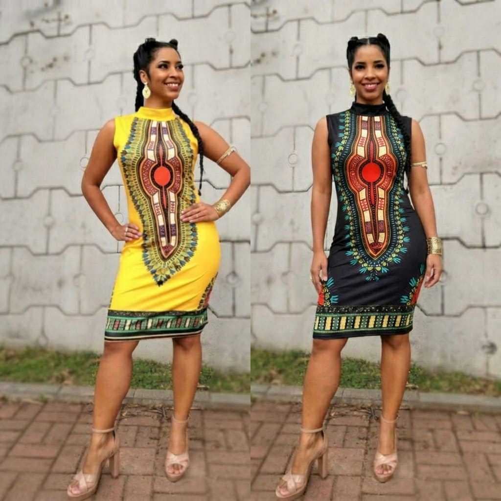 Vestido Curto Feminino Tubinho Elegante Midi Estampado Preto Feminina Casual Básico de Festa para Evento Afro Africano