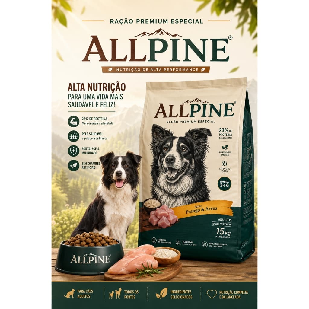 Ração 23% de PROTEÍNA 15KG Premium Especial Para Cães ALLPINE FRANGO E ARROZ Todas as raças