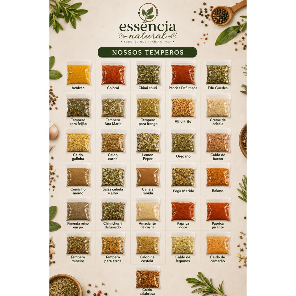 KIT com 32 Temperos Naturais e Condimentos 30g Cada ChimiChuri Paprica Orégano Pimenta Cebola e Alho