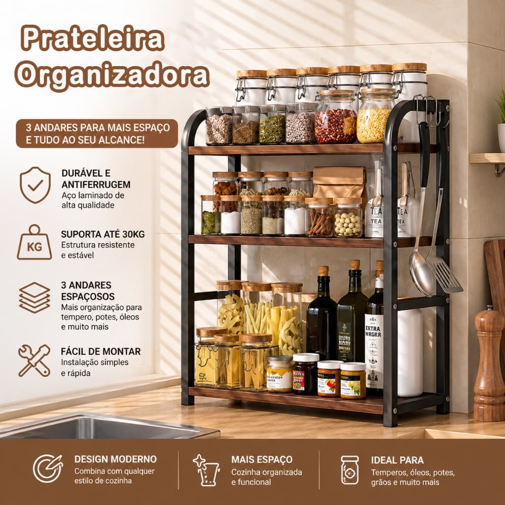Prateleira Organizadora 3 Camadas Para Condimentos Tempero de Cozinha