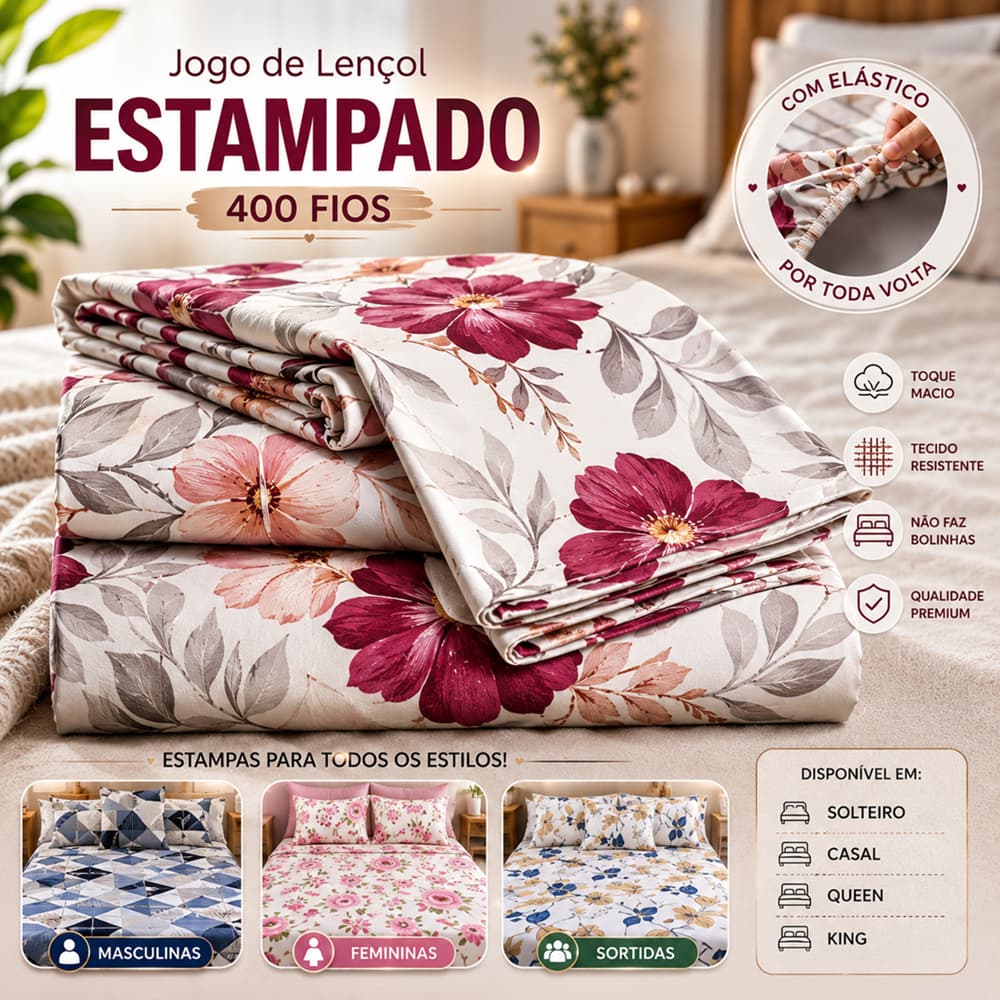 Kit Jogo de Lençol Percal 400 Fios Estampado 03 Peças Solteiro, Casal, Queen e King Com Elástico