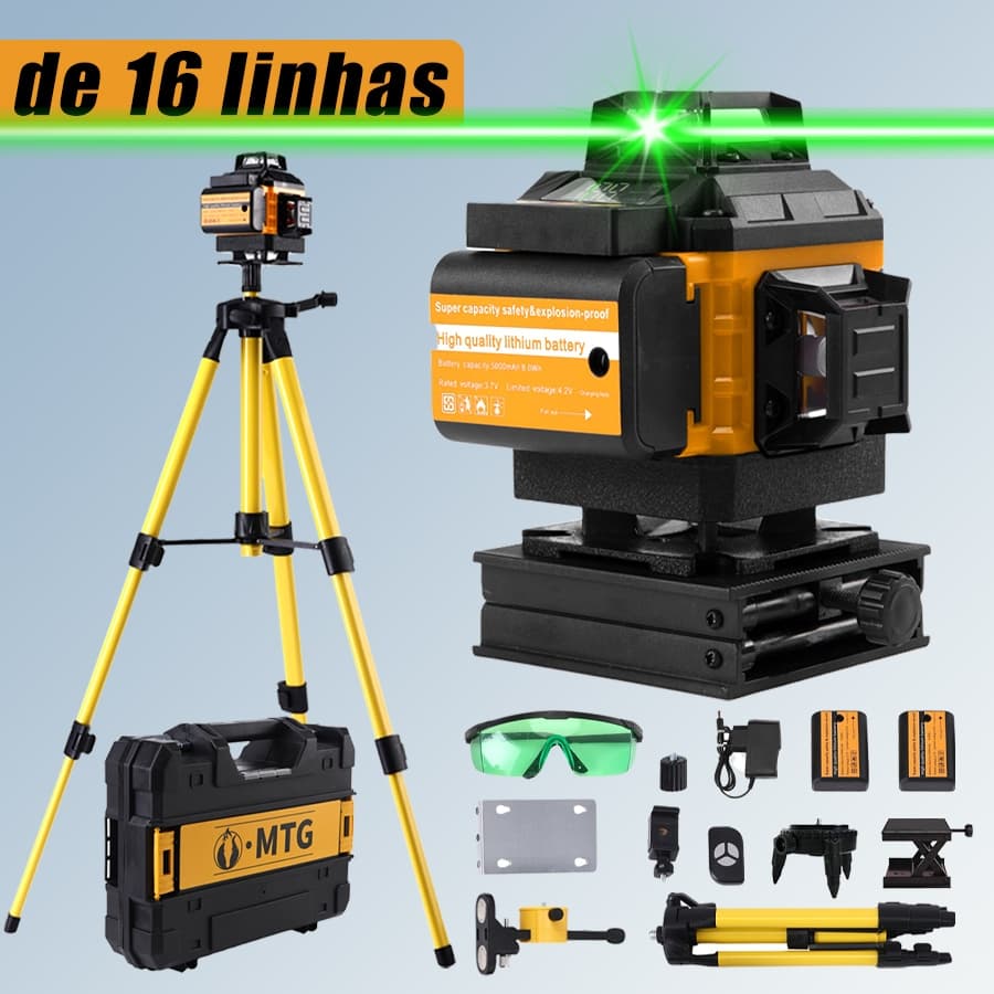 Nível a Laser Ajustável de 16 Linhas  Completo com Tripé, Maleta e Óculos