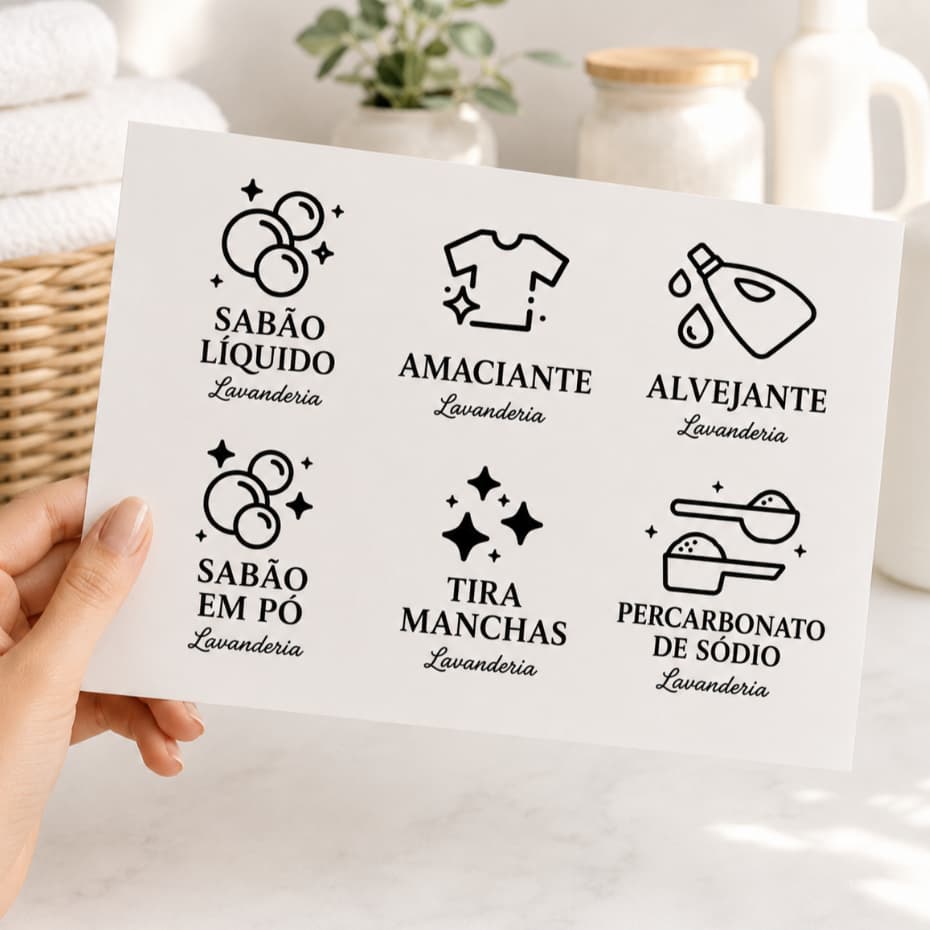 Kit 6 Etiquetas Transparentes para Lavanderia | Sabão Líquido, Sabão em Pó, Amaciante, Tira Manchas