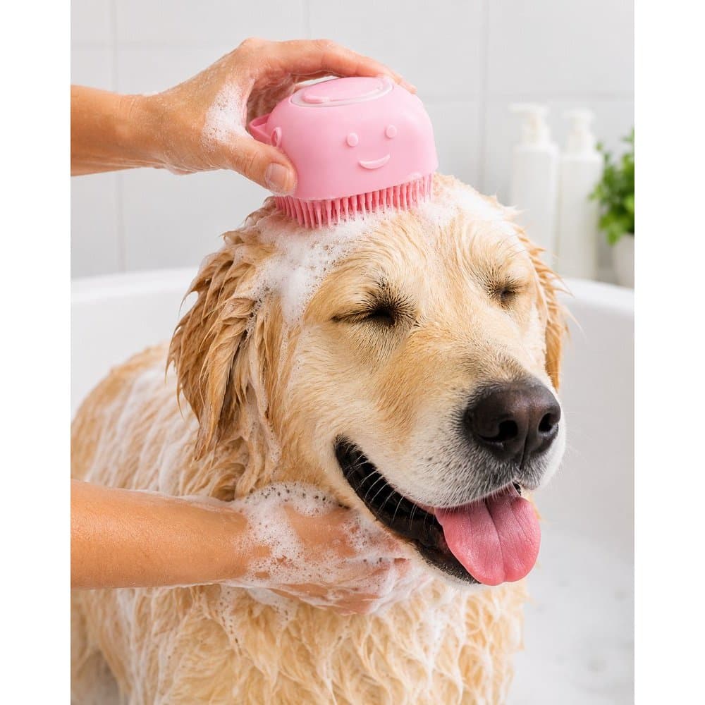 Escova de Banho Pet Silicone Massageadora Com Reservatório Shampoo Para Cachorro e Gato