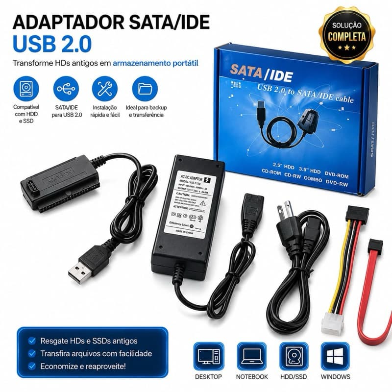 Adaptador Usb 2.0 = Hd Sata E Ide Para Desktop Pc Notebook
