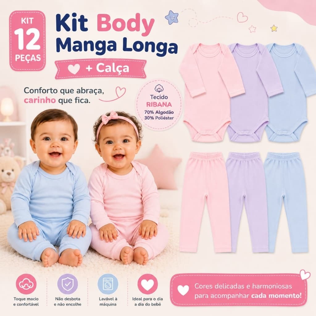Kit 12 Peças Body Bebê Manga Longa Ribana Menino Menina Enxoval Completo P ao G