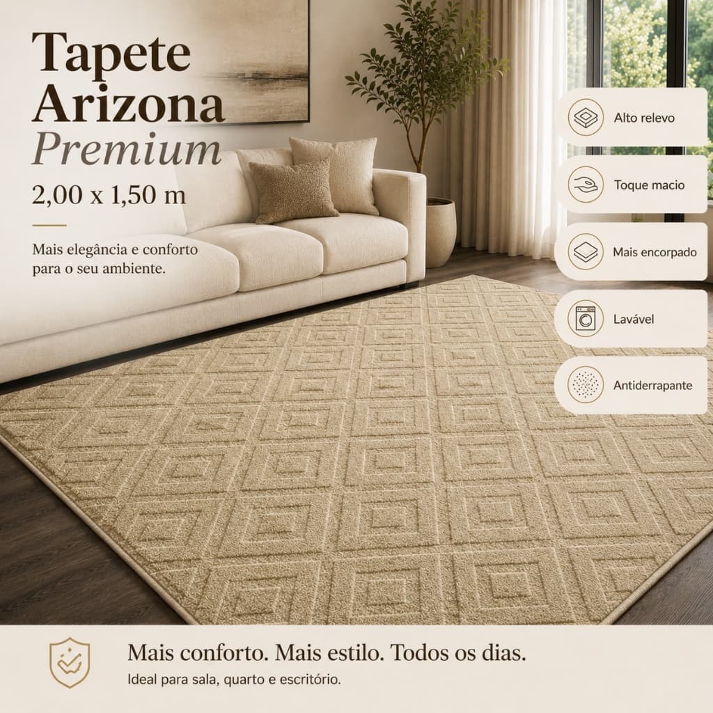 Tapete Bege Sala 2,00x1,50 Geométrico Alto Relevo Premium Macio Antiderrapante Quarto Escritório