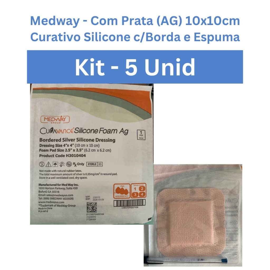 Curativo de Silicone com Borda e Espuma kit 3 unid  10x10cm Normal | Kit 5 unid 10x10 com Prata (AG) -Validade: 9/3/2026