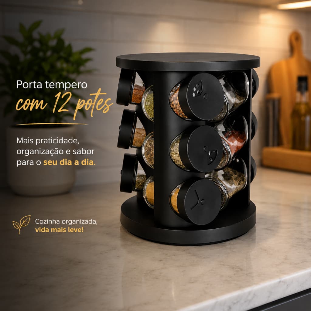 Porta Tempero Giratório  Para Condimentos De Vidro Resistente Com Tampa De Plástico Com 12 Potes 06 Potes Organizador