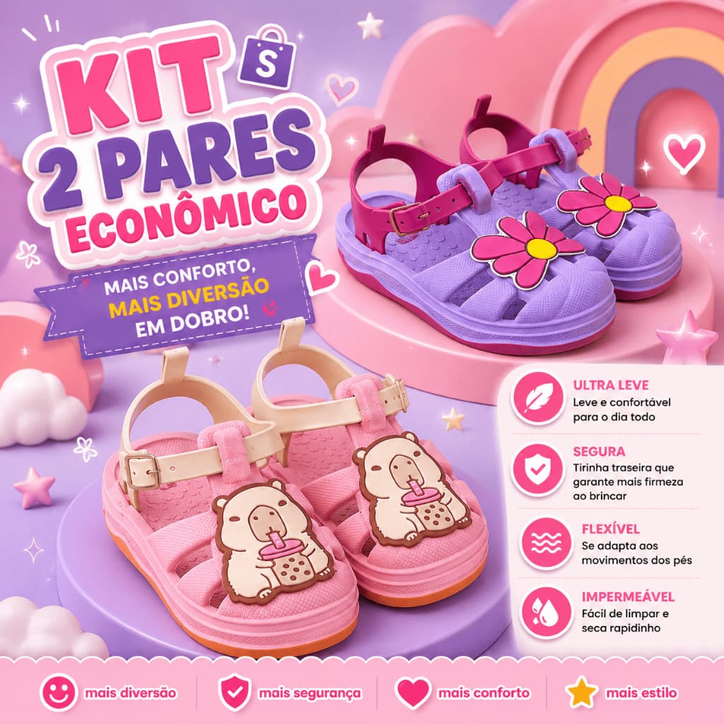 Kit 2 Pares Calçado Fechado Baby Menina Personagem Antiderrapante Fivela Vazado Confortável Presente