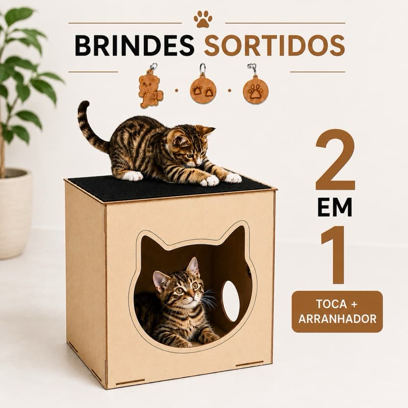 Casinha Para Gato Com Arranhador Toca Pet MDF Refúgio Cat House Interativo