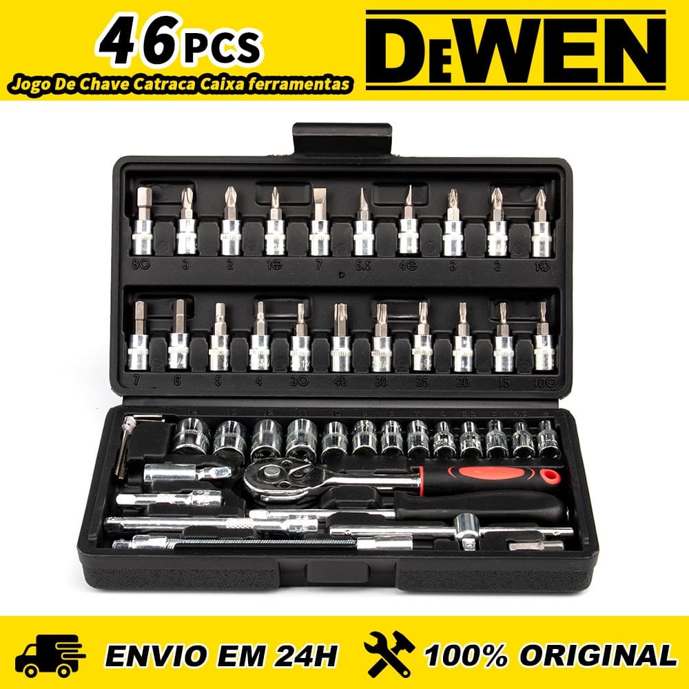 Kit Jogo De Chave Catraca Soquete 46 Peças Ferramentas Completa Reversível Soquetes Maleta