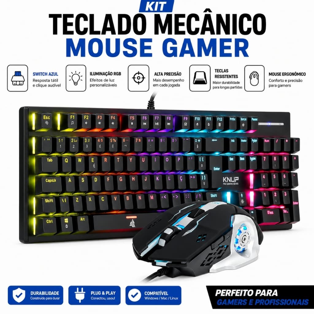 Kit Teclado Mecânico Mouse Gamer Switch Led Rgb 7 Cores Anti Ghosting Usb Pc Computador Notebook