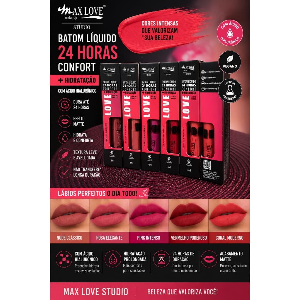 Batom Líquido Matte Max Love Líquido 24 horas 30 Horas Nude e Nude Plump Longa Duração À Prova D'água - Produto Orignal