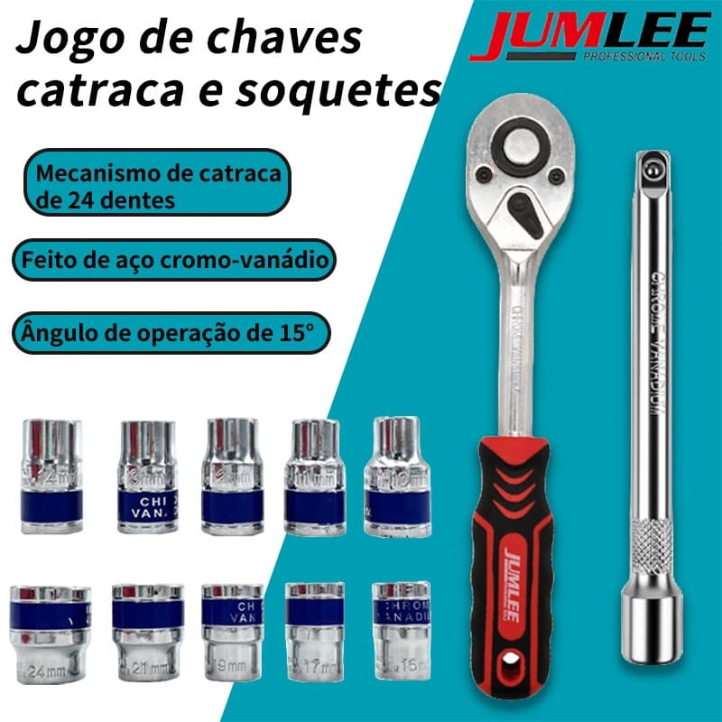 Jogo De Soquetes Sextavados 1/2 Com Chave Catraca 12 Peças Kit Ferramentas Profissional Automotivo